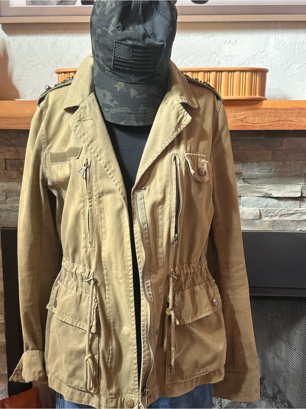 Zara Olive Green Embellished Military Style Jacket